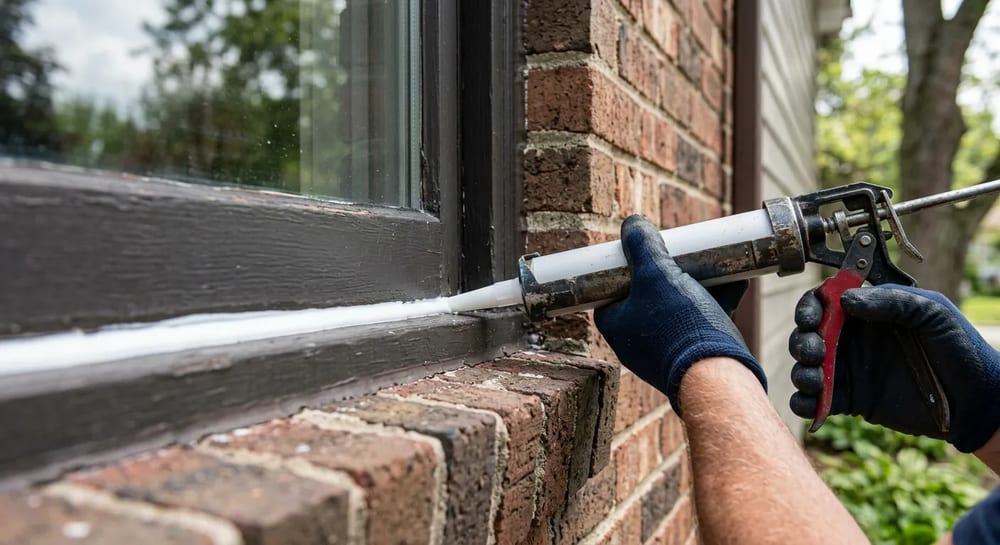 Applying fresh caulk to an exterior window frame.