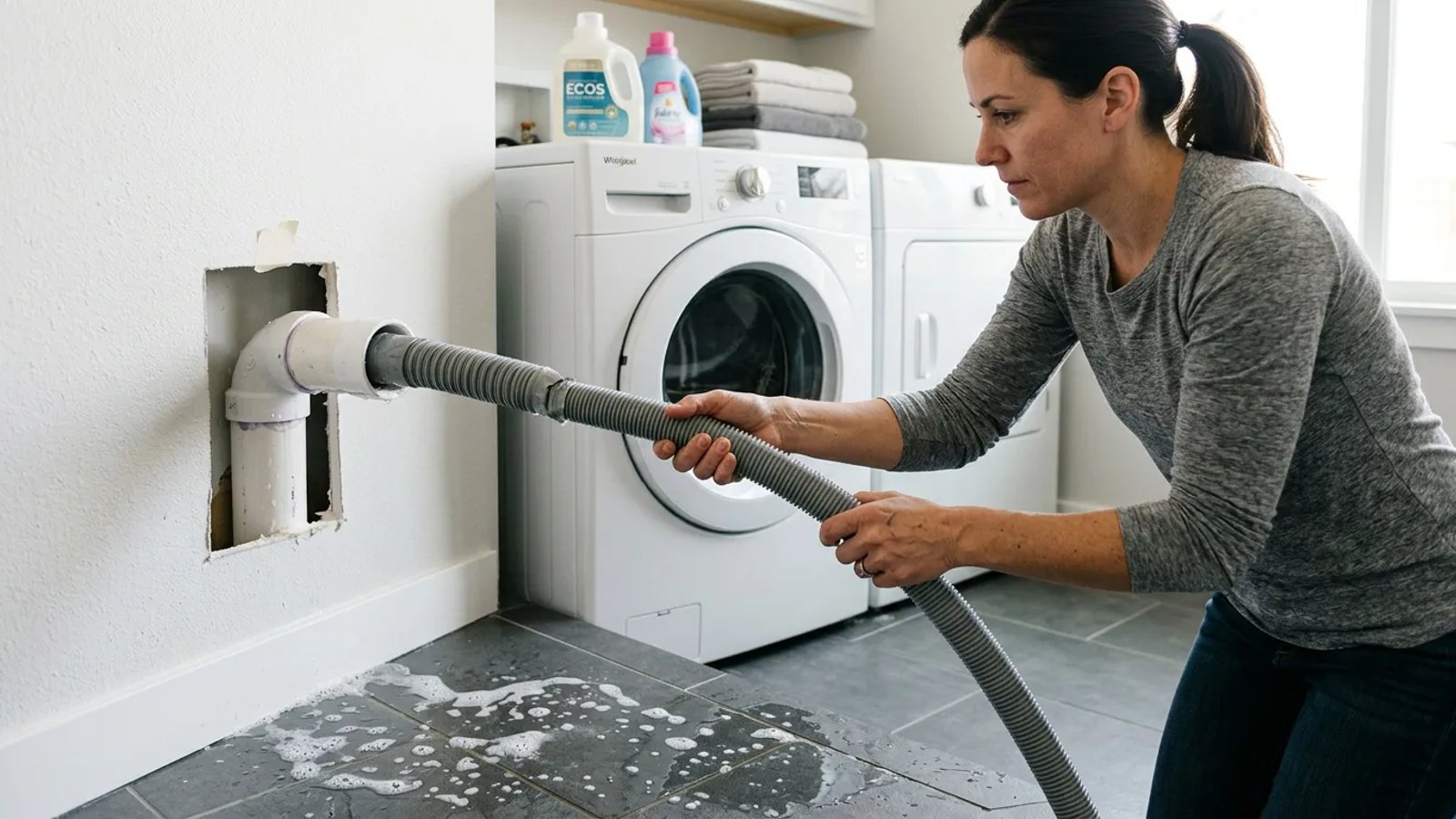 Homeowner removing a washing machine discharge hose from a wall standpipe