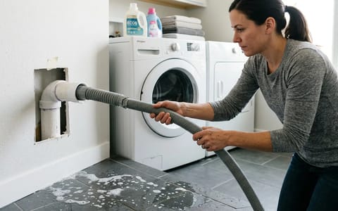 Homeowner removing a washing machine discharge hose from a wall standpipe