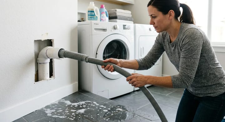 Homeowner removing a washing machine discharge hose from a wall standpipe