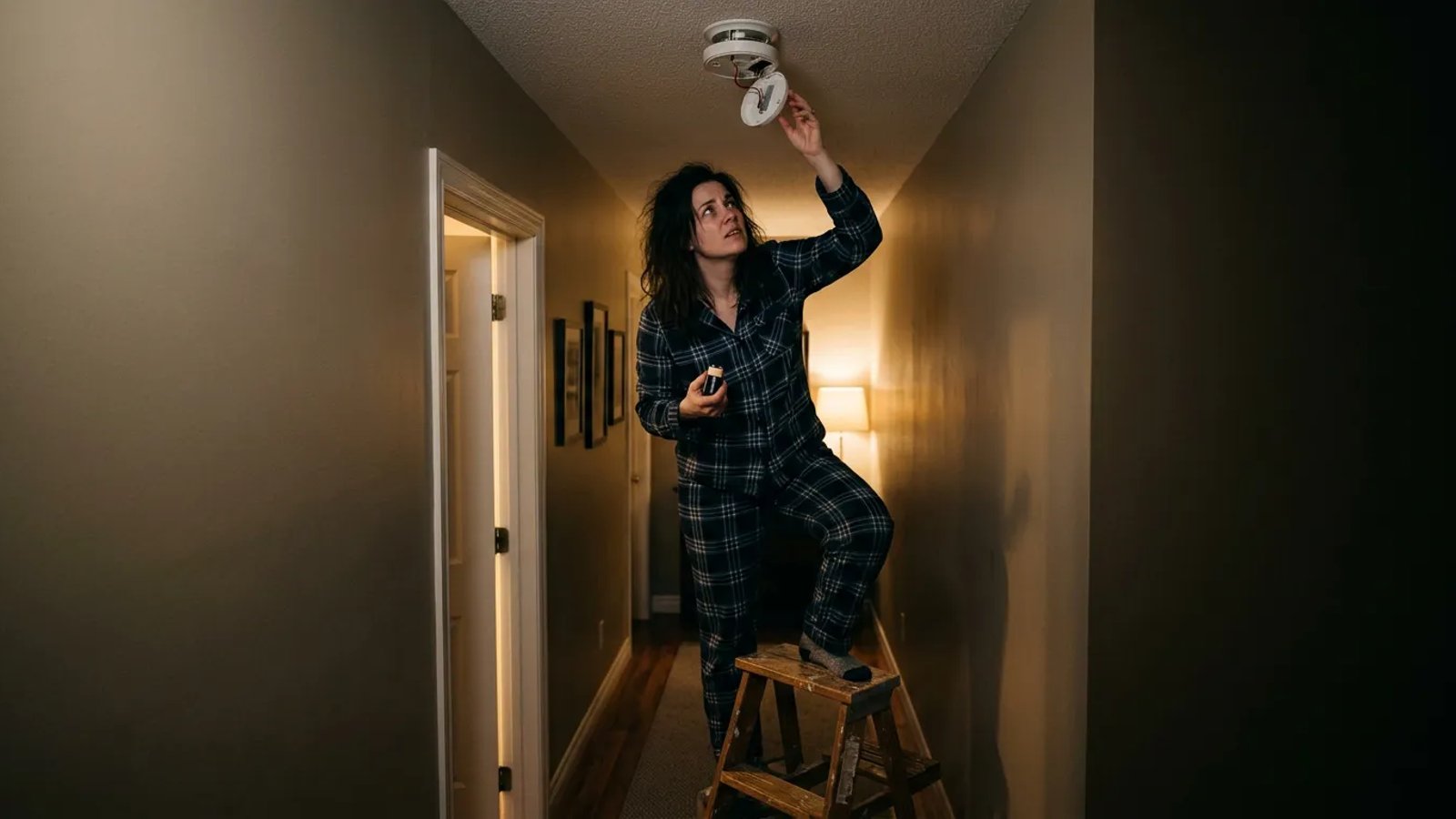 Homeowner replacing a smoke detector battery on a step stool at night