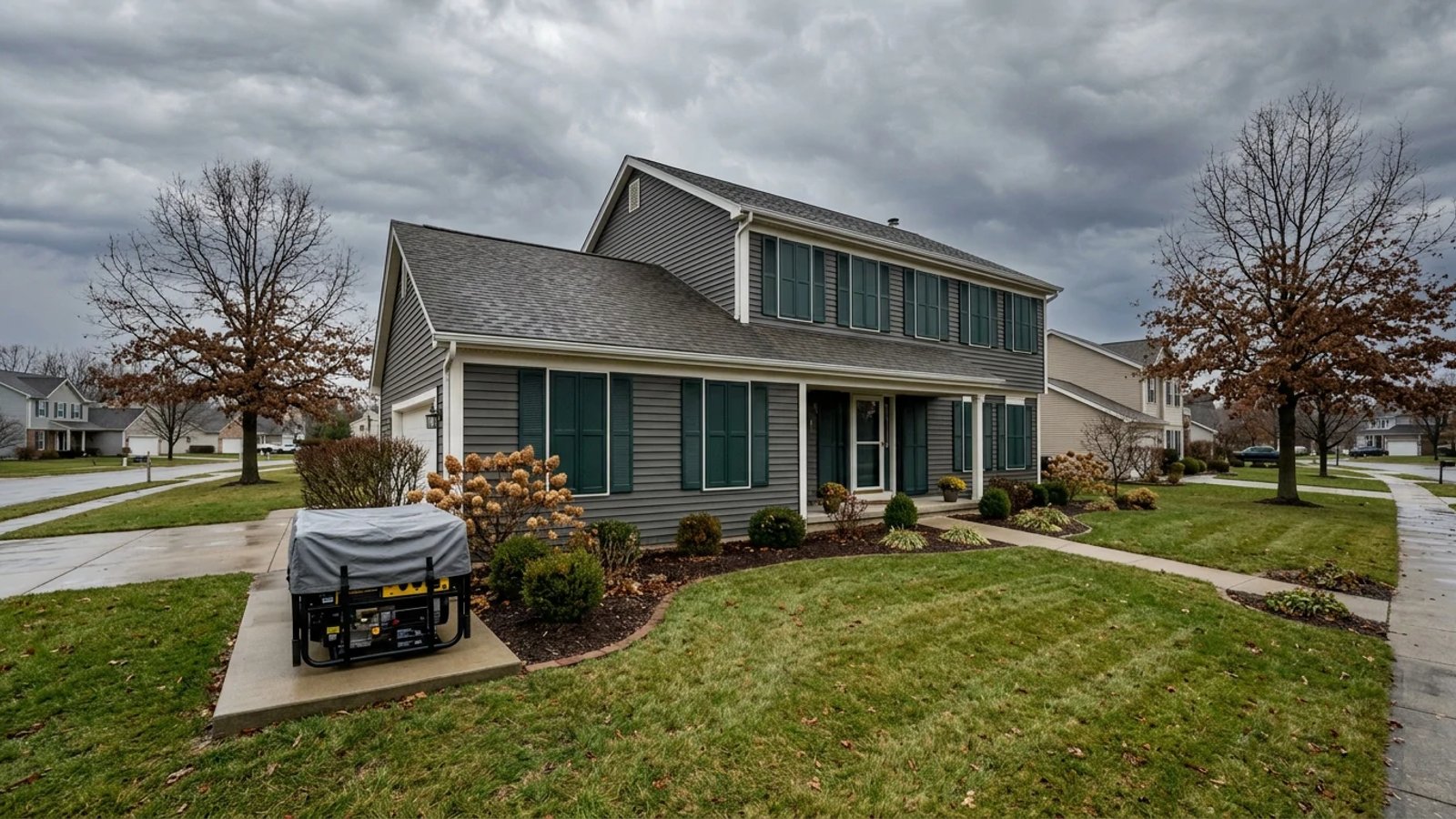 A well-prepared home with storm shutters closed and a cleared yard ahead of a hurricane.