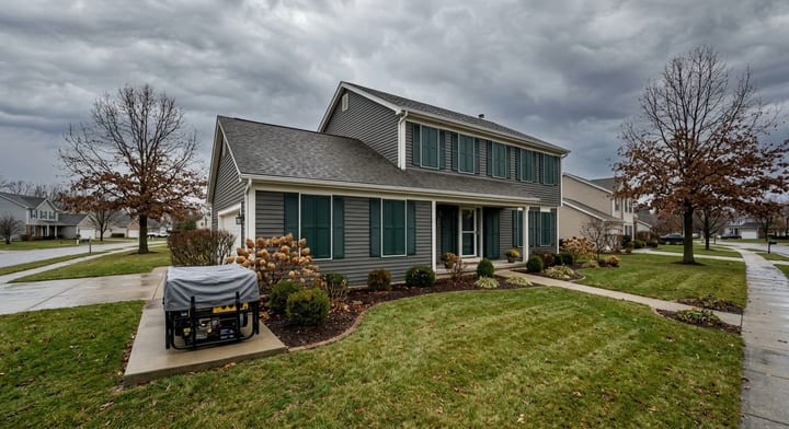 A well-prepared home with storm shutters closed and a cleared yard ahead of a hurricane.