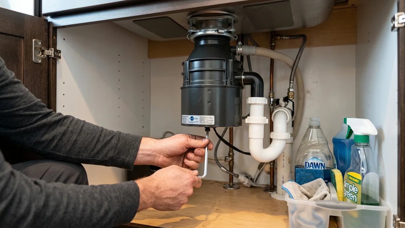 Homeowner using an Allen wrench under a kitchen sink to fix a jammed garbage disposal.