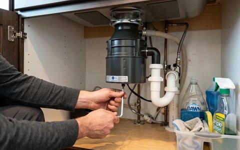 Homeowner using an Allen wrench under a kitchen sink to fix a jammed garbage disposal.