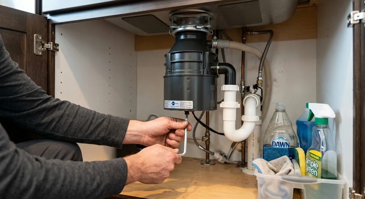 Homeowner using an Allen wrench under a kitchen sink to fix a jammed garbage disposal.