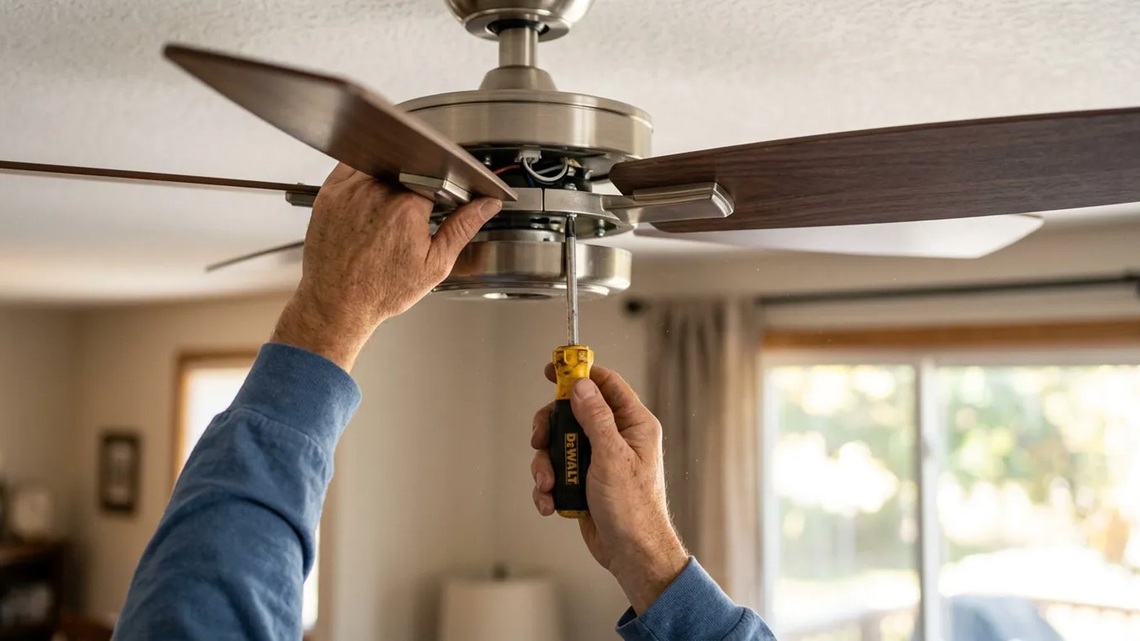 Hands using a screwdriver to tighten a ceiling fan blade bracket