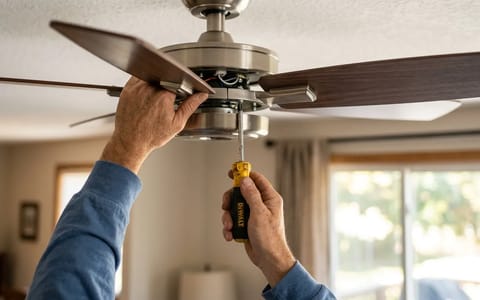 Hands using a screwdriver to tighten a ceiling fan blade bracket