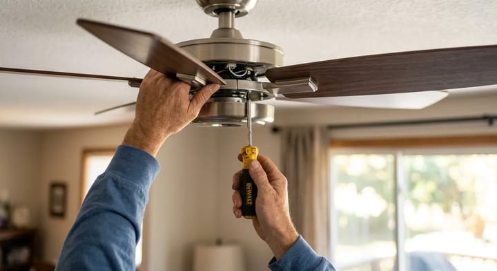 Hands using a screwdriver to tighten a ceiling fan blade bracket