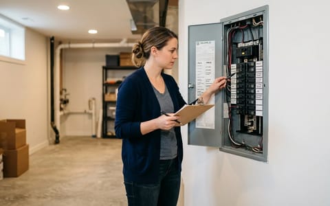 Homebuyer checking a house's electrical panel with a checklist on a clipboard.