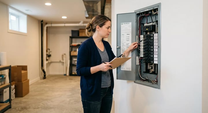 Homebuyer checking a house's electrical panel with a checklist on a clipboard.