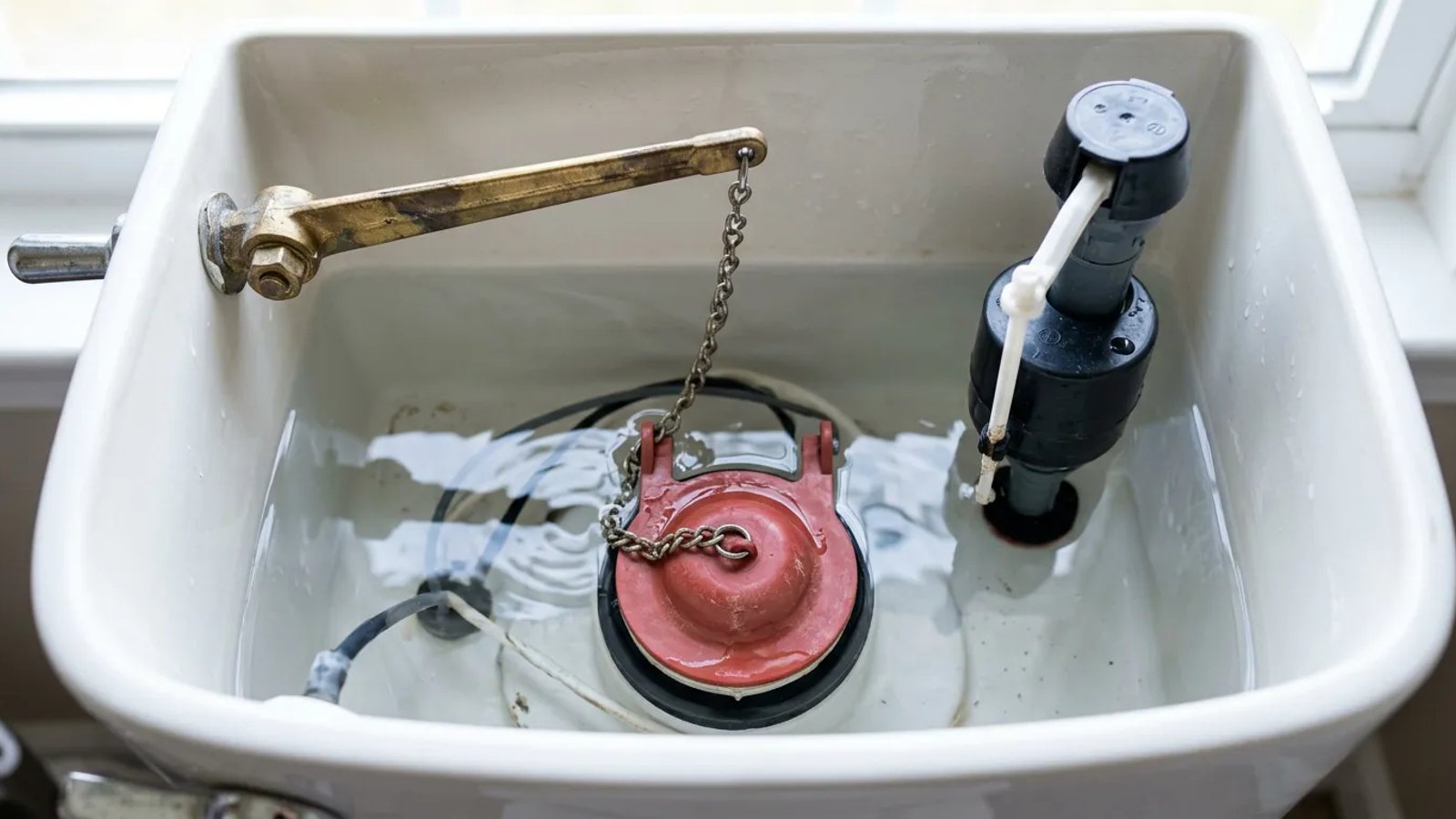 Inside view of a toilet tank showing the flapper, chain, and flush lever