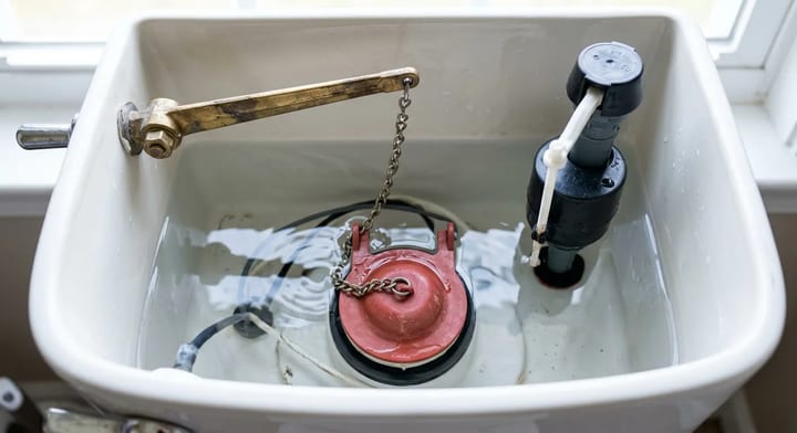 Inside view of a toilet tank showing the flapper, chain, and flush lever
