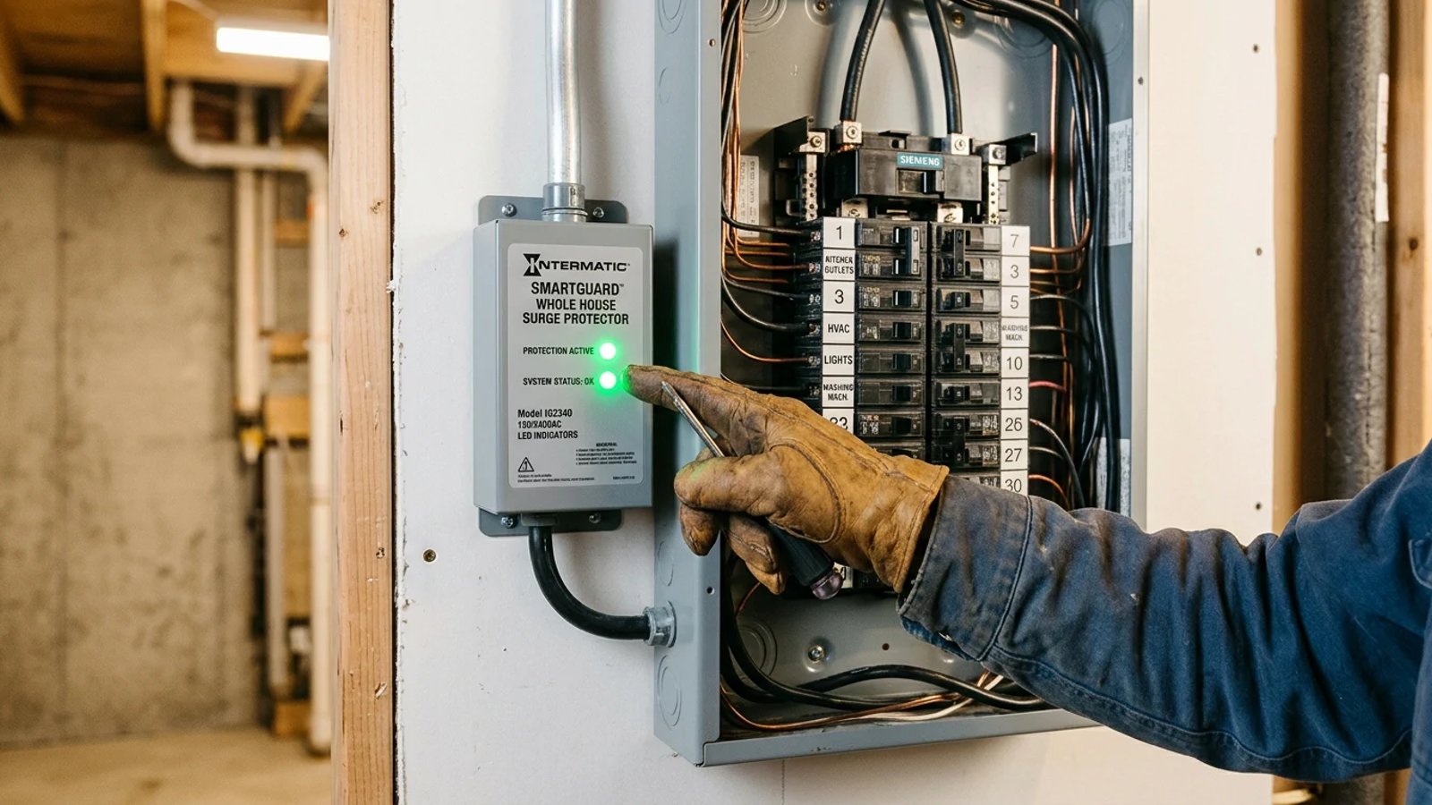 A whole house surge protector attached to a residential electrical breaker box with glowing green LED lights
