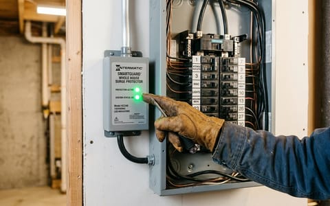 A whole house surge protector attached to a residential electrical breaker box with glowing green LED lights