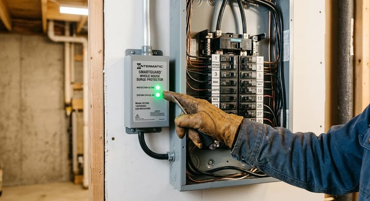 A whole house surge protector attached to a residential electrical breaker box with glowing green LED lights