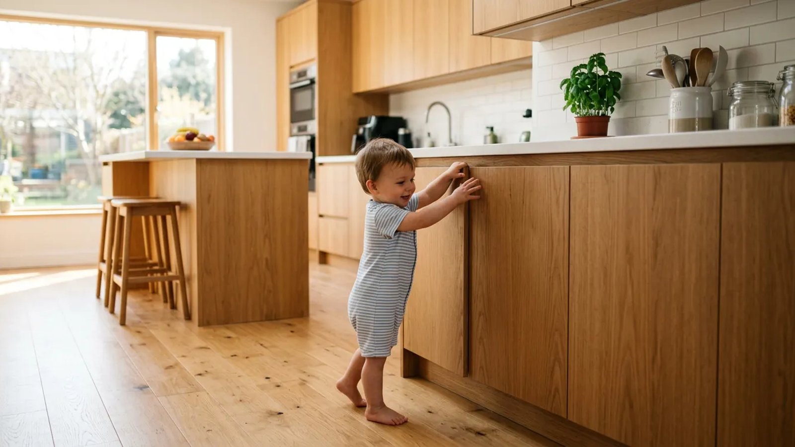 Toddler trying to open a securely locked kitchen cabinet with no visible hardware.
