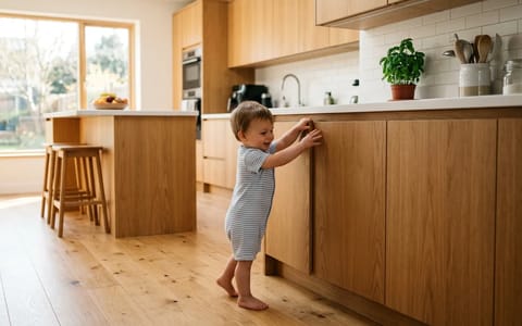 Toddler trying to open a securely locked kitchen cabinet with no visible hardware.