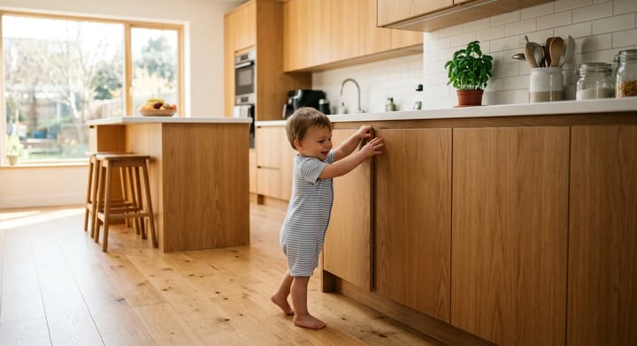 Toddler trying to open a securely locked kitchen cabinet with no visible hardware.