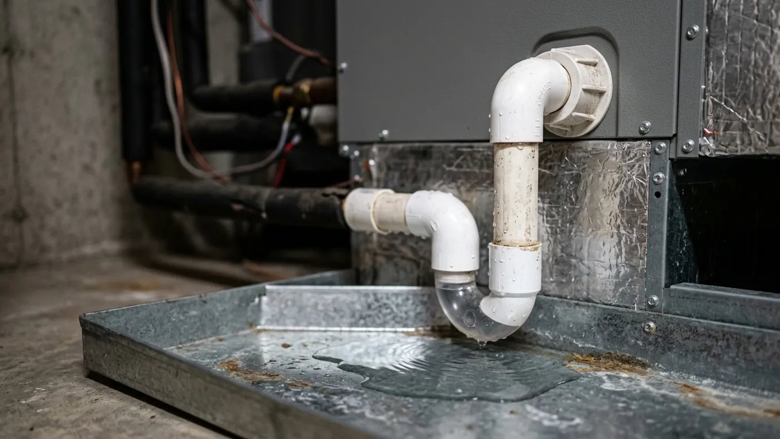 Clear water pooling in a metal AC drip pan next to a white PVC drain line inside a utility closet.