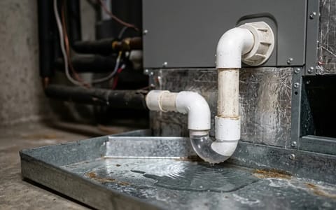 Clear water pooling in a metal AC drip pan next to a white PVC drain line inside a utility closet.