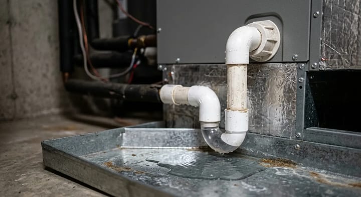 Clear water pooling in a metal AC drip pan next to a white PVC drain line inside a utility closet.