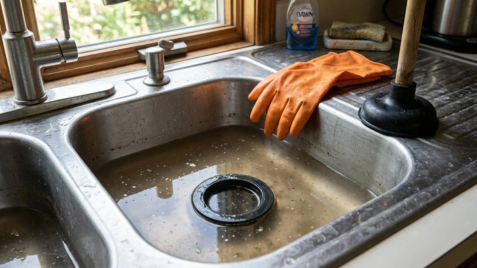 Kitchen sink filled with standing water over a clogged garbage disposal