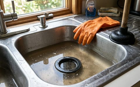 Kitchen sink filled with standing water over a clogged garbage disposal
