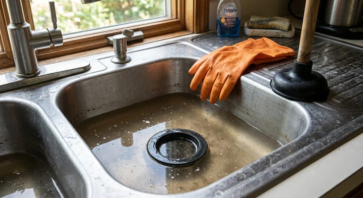 Kitchen sink filled with standing water over a clogged garbage disposal