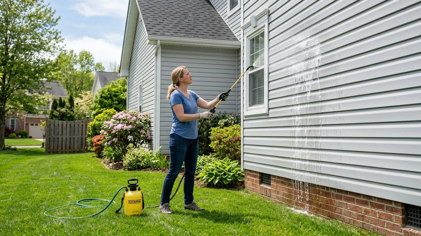 Homeowner applying soft wash solution to exterior vinyl siding with a pump sprayer.