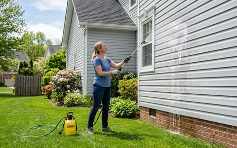 Homeowner applying soft wash solution to exterior vinyl siding with a pump sprayer.