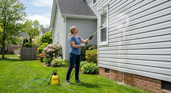 Homeowner applying soft wash solution to exterior vinyl siding with a pump sprayer.