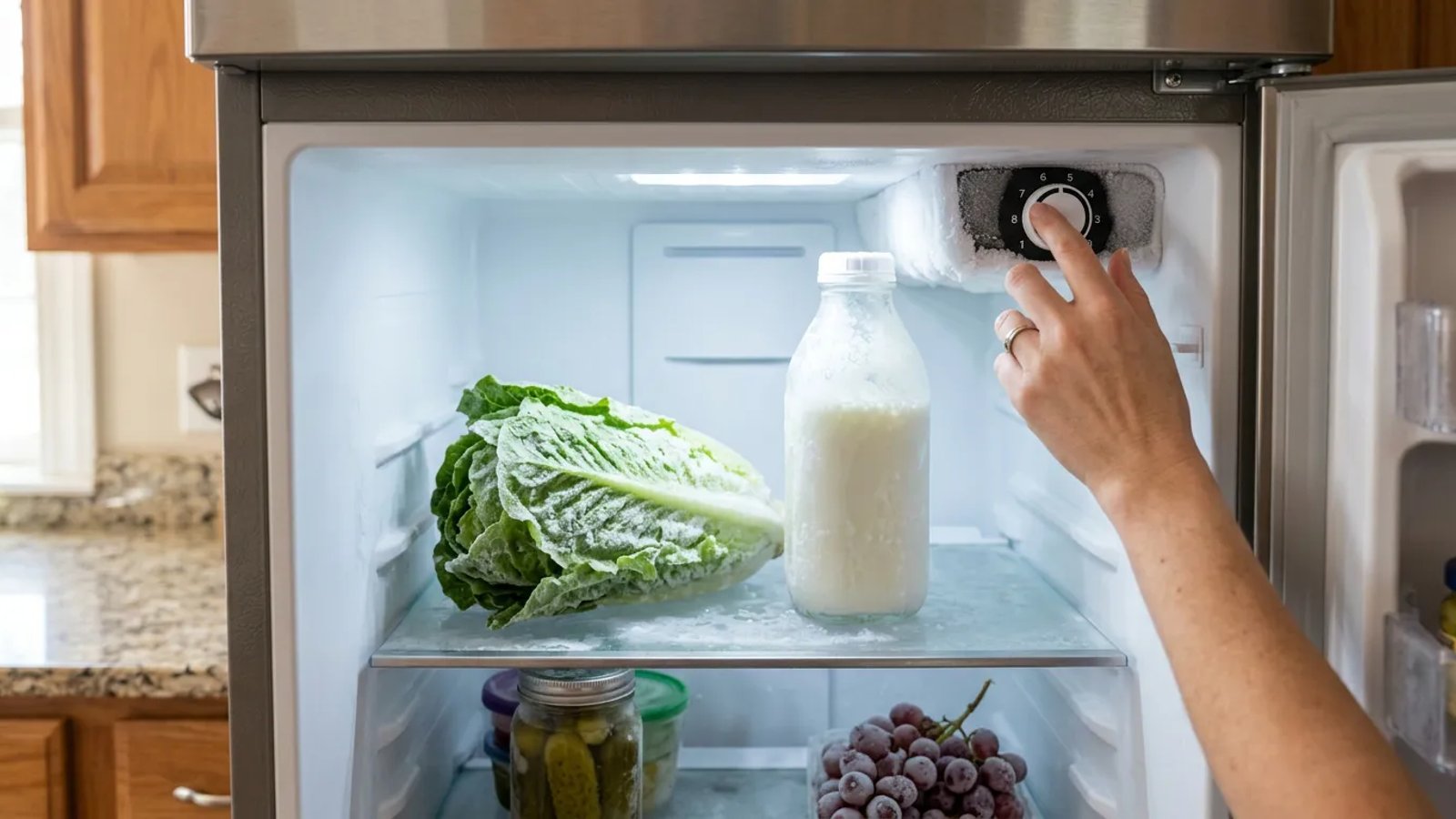 Open refrigerator showing frozen lettuce and milk inside the fresh food compartment