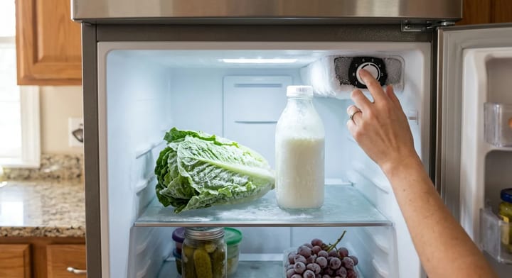 Open refrigerator showing frozen lettuce and milk inside the fresh food compartment