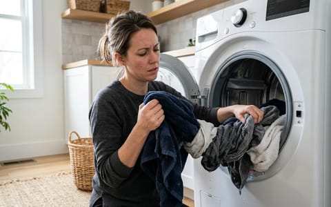 A person pulling damp laundry out of a front-loading dryer