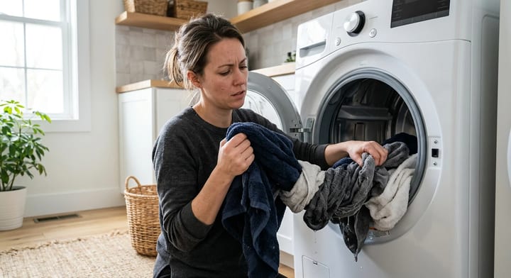 A person pulling damp laundry out of a front-loading dryer