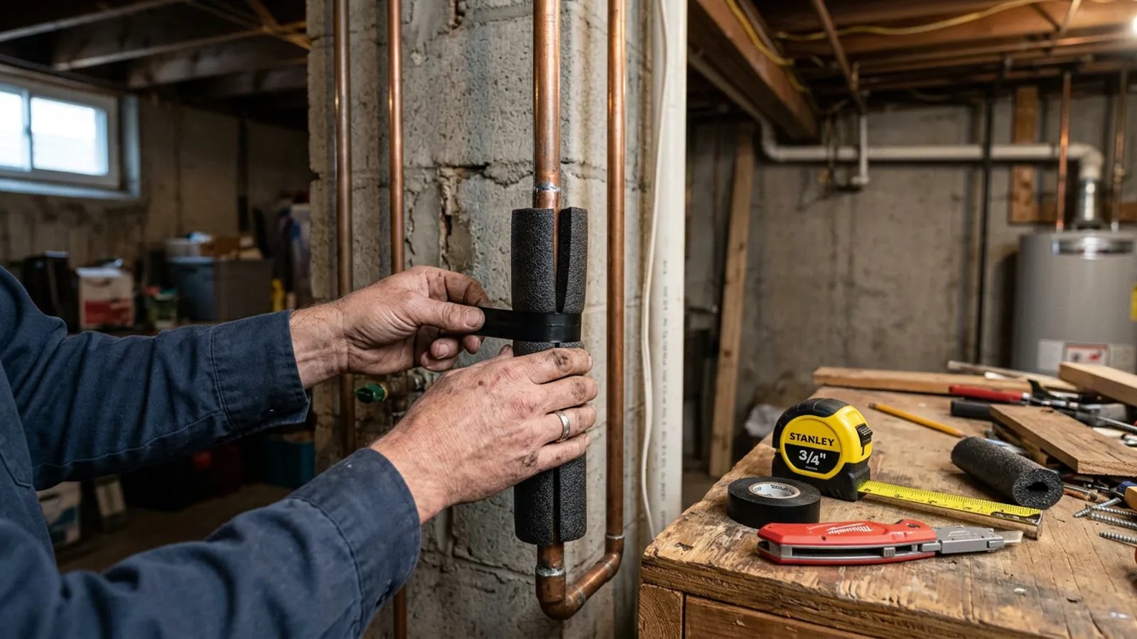 Homeowner installing foam pipe insulation on copper plumbing in a basement.