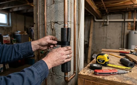 Homeowner installing foam pipe insulation on copper plumbing in a basement.