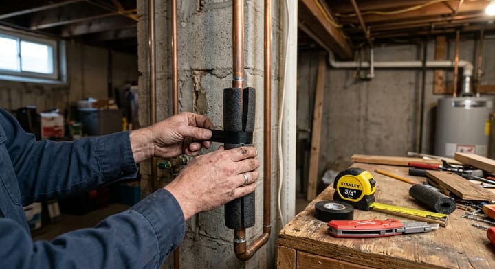 Homeowner installing foam pipe insulation on copper plumbing in a basement.