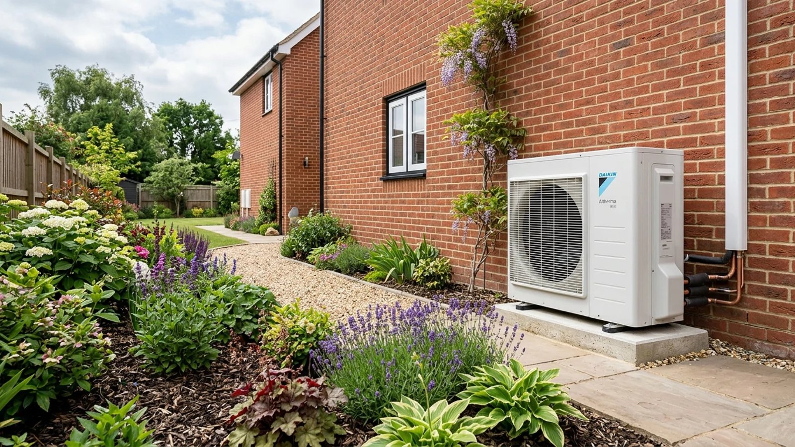 A modern exterior heat pump unit installed next to a brick house.