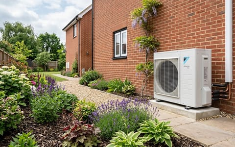 A modern exterior heat pump unit installed next to a brick house.