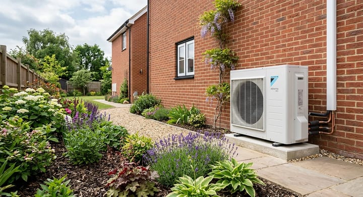 A modern exterior heat pump unit installed next to a brick house.