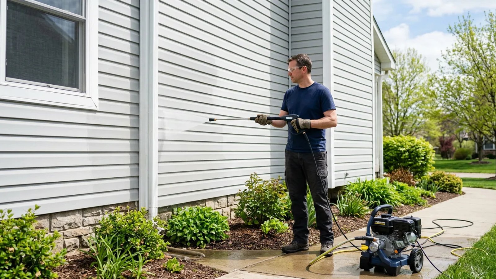 Homeowner using a pressure washer with a wide nozzle to clean vinyl siding.