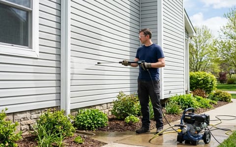 Homeowner using a pressure washer with a wide nozzle to clean vinyl siding.
