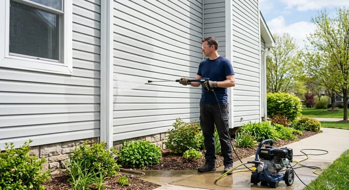Homeowner using a pressure washer with a wide nozzle to clean vinyl siding.