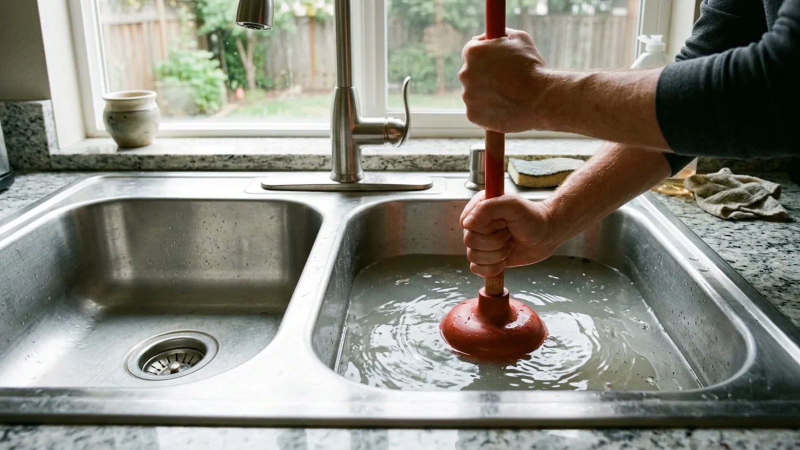 Using a red cup plunger to fix a slow-draining kitchen sink