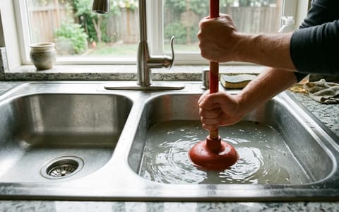 Using a red cup plunger to fix a slow-draining kitchen sink