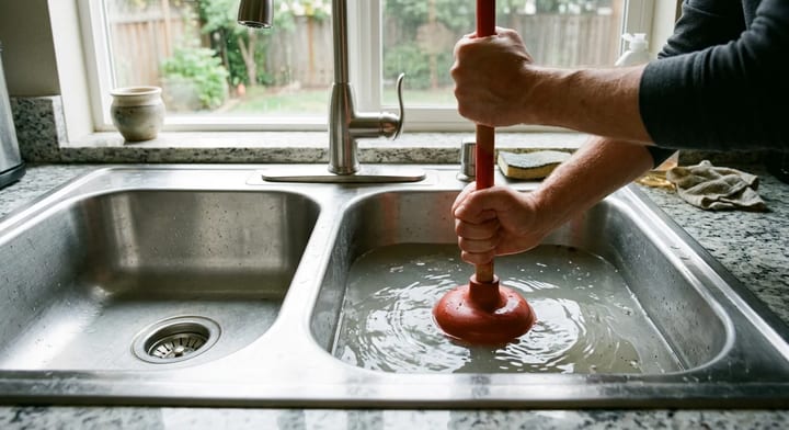Using a red cup plunger to fix a slow-draining kitchen sink