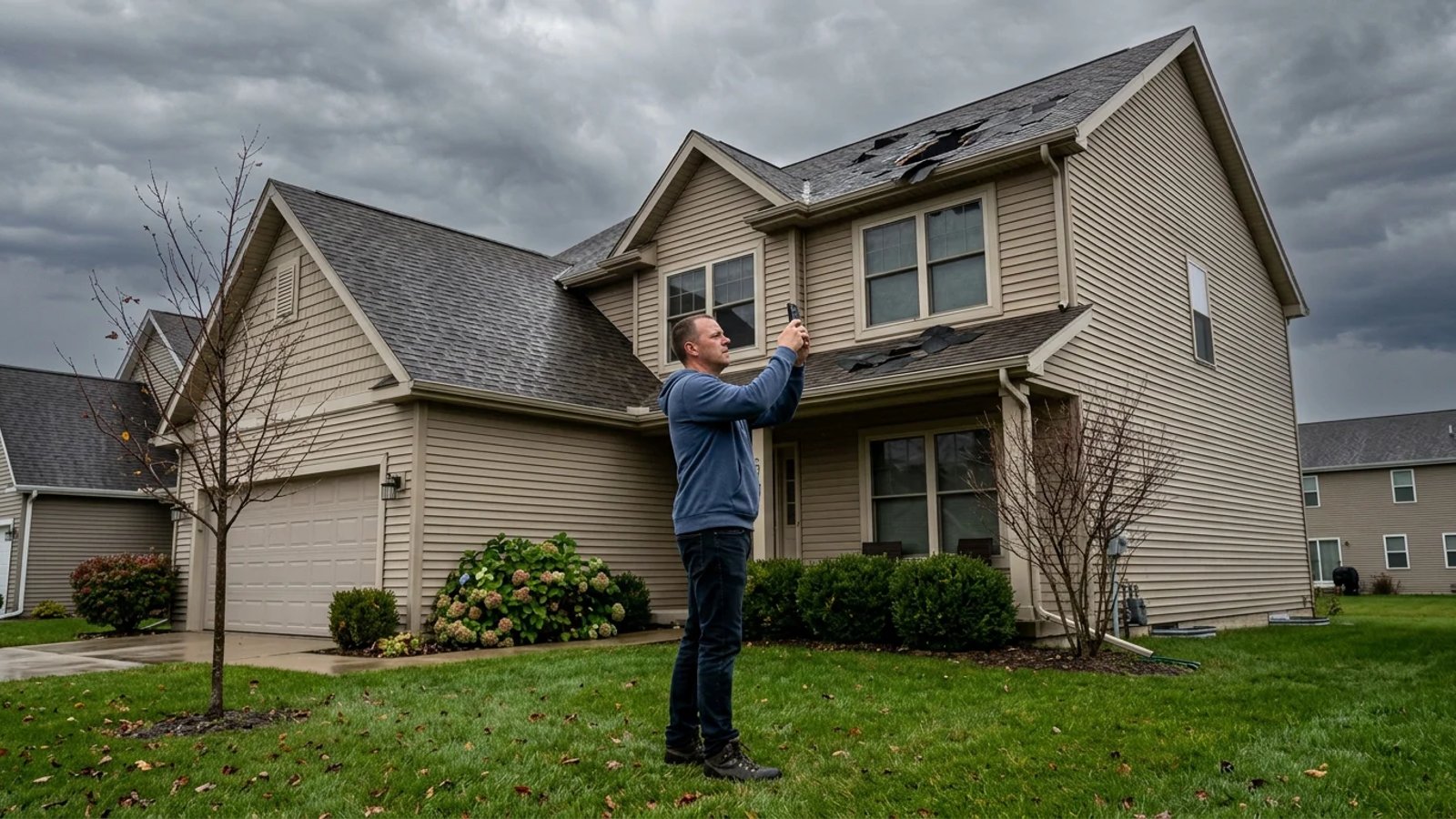 Homeowner taking photos of roof damage from the yard after a storm