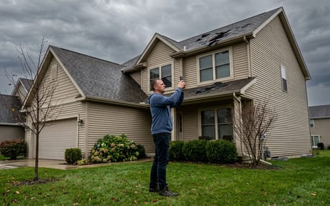 Homeowner taking photos of roof damage from the yard after a storm